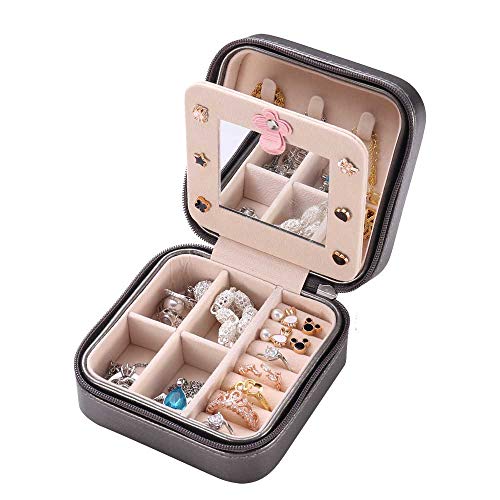 Portable Jewelry Organizer Box with Mirror Travel Storage Box Case for Ring Earring Necklace Bracelet Display Women Wife Girl Girlfriend Gift, Grey