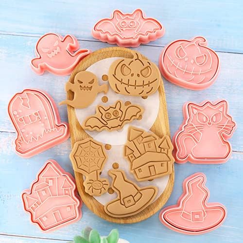 Crethink Halloween Cookie Cutters-8Pieces Halloween Cookie Cutters and Stamps,Plastic Halloween Cookie Cutter Set,Pumpkin,Ghost,Cat,Castle,Tombstone,Bat,Spider,Hat-3D Halloween Cookie Moulds.