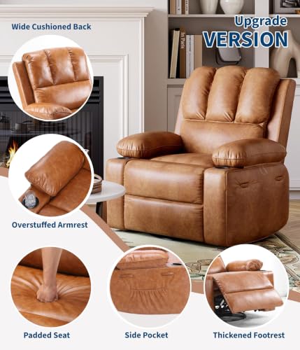 Image of GarveeHome Swivel Rocker Recliner Chair with Heat and Massage | Manual Leather Nursery Glider Recliner for Adults, Rocking Chair with Side Pocket, Soft Pillow, Cup Holders for Living Room