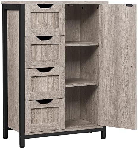Yaheetech Industrial Bathroom Floor Cabinet, Freestanding Wooden Storage Cabinet with 4 Drawers, 1 Door & Adjustable Shelves for Living Room, Entryway, Grey