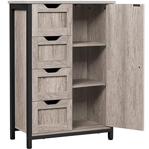 Yaheetech Industrial Bathroom Floor Cabinet, Freestanding Wooden Storage Cabinet with 4 Drawers, 1 Door & Adjustable Shelves for Living Room, Entryway, Grey