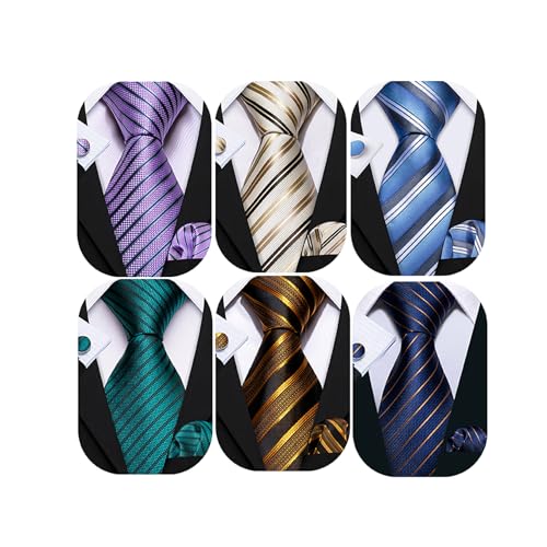 Image of Barry.Wang 6 PCS Men Ties Set Silk Business Fashion Woven Necktie Handkerchief Cufflinks Paisley Stripe Wedding Party