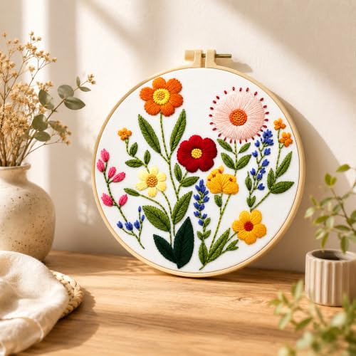 Image of Zhenqing Wildflower Embroidery Kit for Beginners, Floral Needlework Kit with Pre-Printed Cotton Fabric, Hoop, Threads & Tools, Flower Wall Decor (C0125)