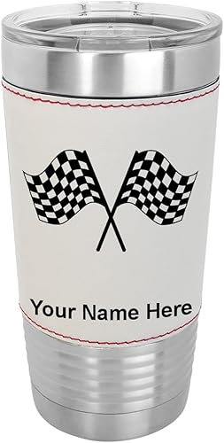 Miniatura 9 de LaserGram Vaso aislado al vacío de 20 onzas banderas de carreras grabado personalizado incluido piel sintética gris