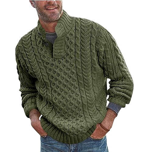 Mens Pullover Sweaters Cable Knit Quarter Button Sweater Stand Collar Textured Sweater Fall Winter Knitwear