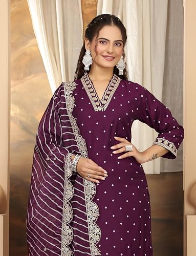 Lookmark Women's Silk Blend Table Print Kurta Pant Set With Mal Cotton Digital Print Dupatta And Embroidery Work Suitable For Every Indian Occasion (Az-Lm-Og-Ks2178 Purple-Xl)