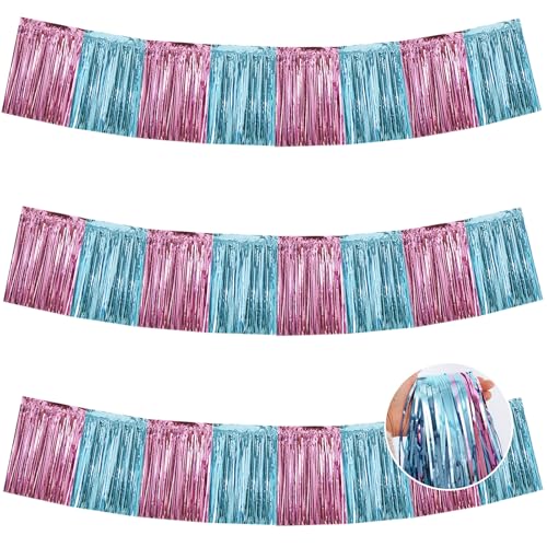 Image of BEISHIDA 3 Packs Metallic Foil Fringe Garland Pink Light Blue Wall Hanging Tinsel Fringe Banners for Car Floats Bridal Shower Wedding Birthday Graduation Holiday Party Decoration(30 Feet)