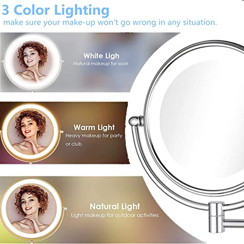 Cavoli Wall Mounted Makeup Mirror With Led Lighted 10X Magnification,3 Colors Lights Modes,8.5 Inches,Bathroom And Hotel, Chrome Finish,Made Of Brass #TOP3