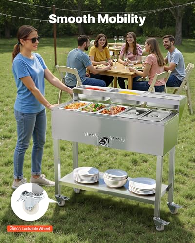 Image of VEVOR Commercial Propane Steam Table, 5 Food Pans & 3 Condiment Pans, LP Gas Outdoor Soup Warmer with Drain Valve and 3 inch Wheels, Stainless Steel Propane Food Warmer with Adjustable Temp for Outdoor