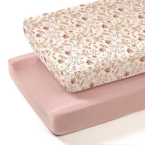 Image of lulumoon Muslin Changing Pad Cover: 2-Pack Soft Breathable Cotton Boho Floral Print for Baby Girls - Nursery & Baby Shower