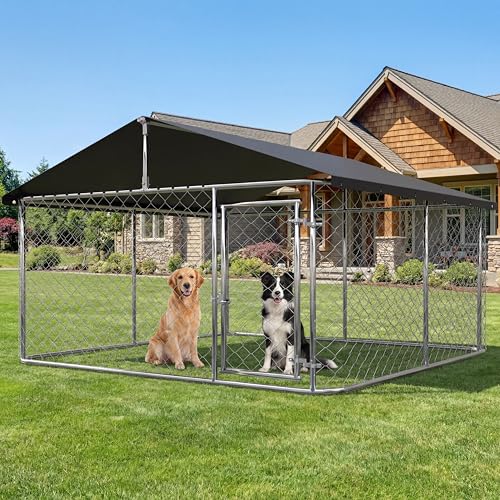 ATTAV Large Outdoor Dog Enclosure Heavy Duty Dog Kennel with Roof Galvanized Steel Dog Cage Fence with Double Safety Locks(6.56x 6.56)