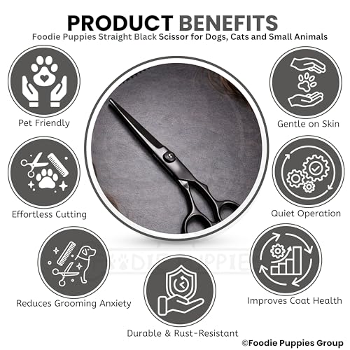 Image of Foodie Puppies Professional Straight (Black) Dog Grooming Scissors - Stainless Steel Pet Hair Cutting Shears with Finger Rest & Ergonomic Grip for Dogs & Cats, Precision Trimming Home Use Kit