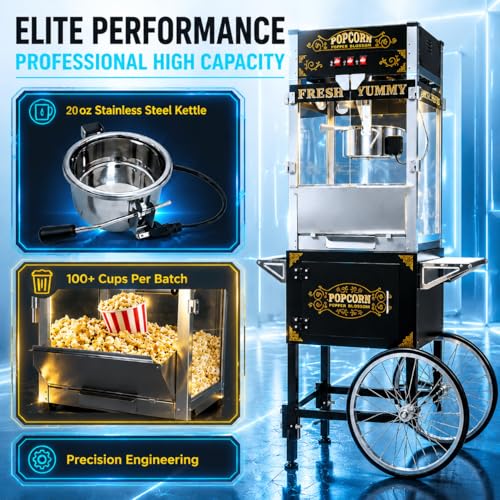 Image of Commercial Popcorn Machine with Cart - 20OZ kettle popcorn makers with heating 3-Switch Control Stainless Steel Kettle for Corporate, School, Business, Institutional, Theater, Carnival, Church, Black