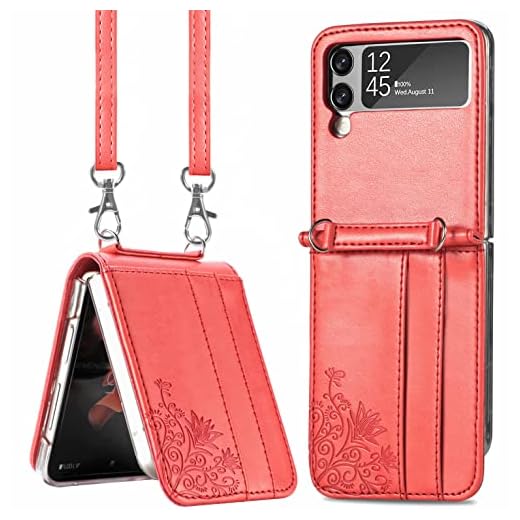 CCSamll Capa carteira para Samsung Galaxy Z Flip 3 porta-cartões, capa de couro PU em relevo removível ajustável alça de pescoço alça de ombro capa de telefone para Samsung Galaxy Z Flip 3 transversal vermelha