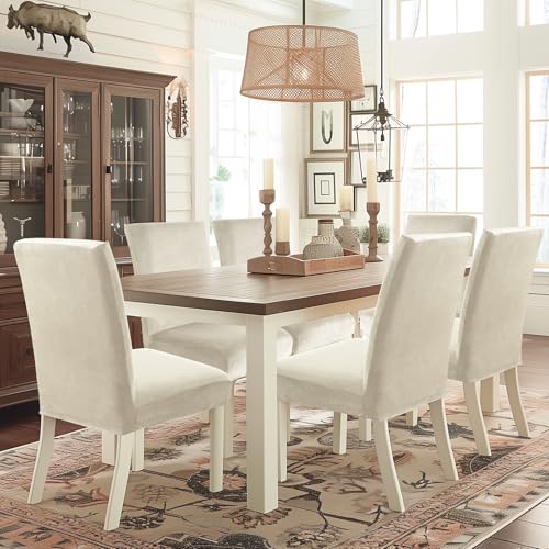 CYCMACO Stuhlhussen Samt 4er Set, Stretch Stuhlüberzieher, Stuhlbezug Schwingstuhl, Hussen Für Stühle Hochlehner, Stuhlbezüge Kratzfest, Universal Chair Cover Waschbarer, Beige