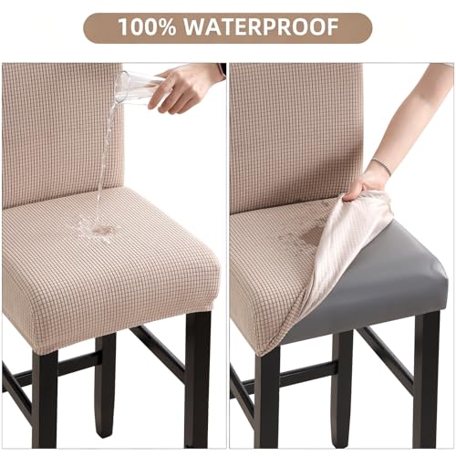 Image of YISUN Waterproof Bar Stool Covers, Stretch Barstool Slipcovers with Backs, Removable Washable Pub Tall Chair Slipcover, Counter Chair Seat Protector Cover, Jacquard Khaki 4 Pack