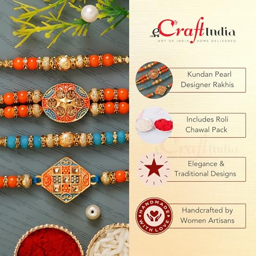 Image of eCraftIndia Set of 4 Blue & Orange Kundan Pearl Designer Rakhis, Best Bro Ever Fridge Magnet with Roli Chawal Pack - Rakhis for Brother