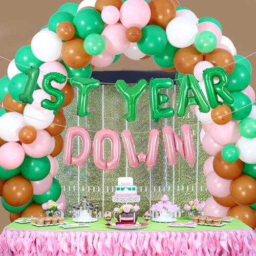 Fangleland First Year Down Football Birthday Decorations for Girls, 1st Year Down Football Bday Balloon Garland Kit, Sports Themed Touchdown Party Supplies Rugby Bday Decorations