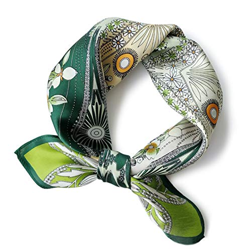 PoeticEHome 100% Real Mulberry Silk Women Small Square Neck Scarfs 21' Lightweight Neckerchief Printed Headscarf Gift Packed (X2 - Green 4 Leaf Clover)