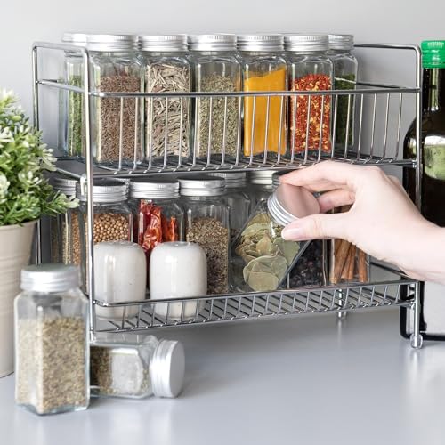 Navaris Estante plegable organizador de metal - Especiero para recipientes condimentos tarros - Estantería de hierro cromado desarmable con 2 niveles