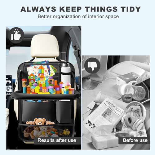 Image of 2Pack Car Backseat Organizer with Foldable Table Tray,6 Storage Pockets Car Storage Organizer with Tablet Holder,Car Seat Back Protectors Kick Mats Travel Accessories (Black)