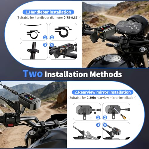 Image of Motorcycle USB Charger, 3-in-1 Fast Charging with USB-A & USB-C + Retractable Type-C Cable, 12-24V Waterproof IP56, LED Voltmeter, Handlebar & Mirror Mount for Motorbike ATV