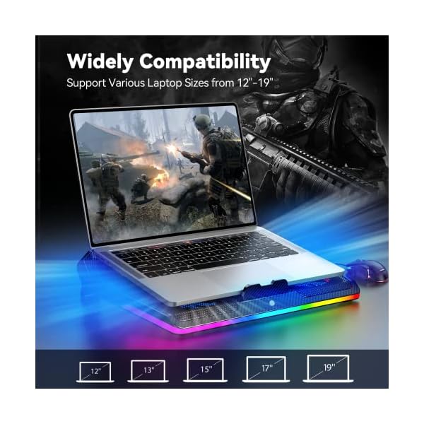 TECKNET Laptop Cooling Pad,RGB Laptop Cooler With 5 Quiet Fans,Gaming Laptop Cooling Stand with Touch Button and 2 USB Ports,3 Height Adjustable Laptop Fan fits 12"-19" Notebooks - Image 4