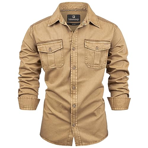 FALKENSTEJN Herrenhemd - Modell Riccaldo - 100% Baumwolle Vintage Hemd Cargo Langarm-Hemd für Männer - Hoher 3 Farben (XL Otter)
