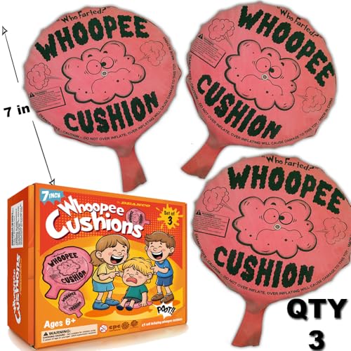 Whoopie Cushion 3 Pack – Three 7 inch Self-Inflating Whoopee Cusions Premium Rubber for Louder Fart Sound, Gag Gifts for Kids and Adults, April Fools Pranks