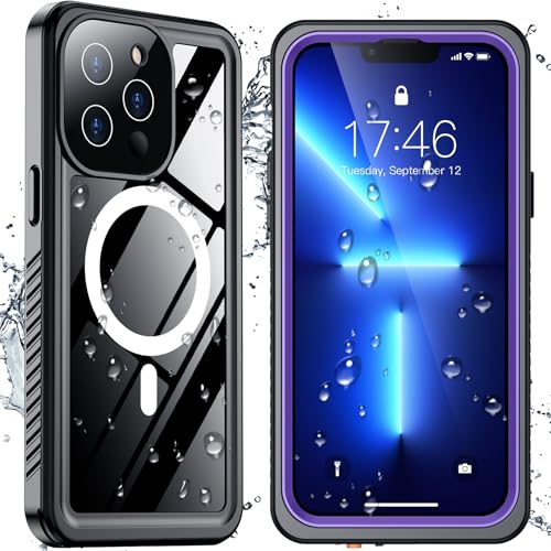 SPIDERCASE Magnetic for iPhone 13 Pro Max Case Waterproof Built-in Screen & Camera Lens Protector[IP68 Underwater] [Military Grade Shockproof] Full Body Protection Phone Case Purple/Clear