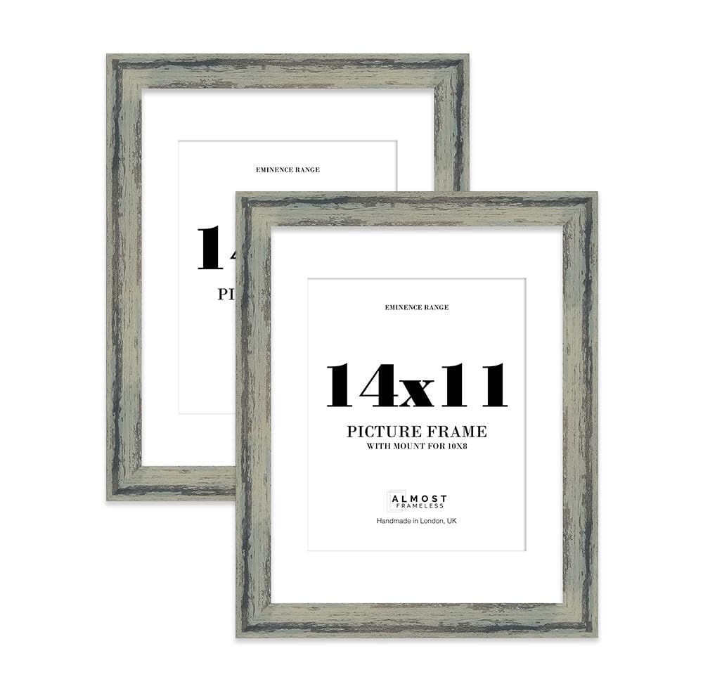 14x11" Distressed Green Picture Frame with 10x8" Mount - Aged Photo Frame with Distressed Finish, Wall Hooks and Kickstand, 32mm Edge - 2 Pack