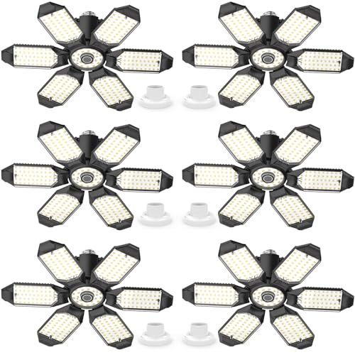 LUCORUSC Led Garage Lights Bulb 6 Pack 200W Super Bright Ceiling Led Shop Lights, E26/E27 Base, 6500K, 22000LM Deformable Led Garage Light for Basement, Attic and Workshop Commercial Bay Lighting