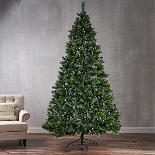 9-Foot Mixed Spruce Unlit Hinged Artificial Christmas Tree With Glitter Branches, Red Berries, And Pinecones #TOP2