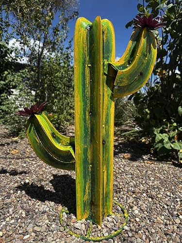Colorful Metal Saguaro Cactus with Flowers - Handmade Garden Decor (Multicolor)