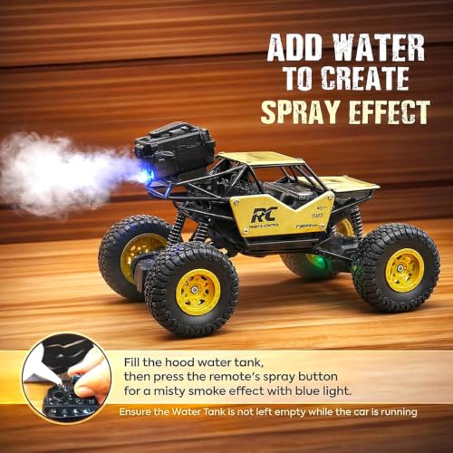 Image of Rock Crawler RC Car with Smoke Spray & LED Lights,Rechargeable Remote Control, High-Speed Off-Road Climbing Car with 5-Function, USB Charging,Toy Car for Kids, (Random Colour as Per Stock)