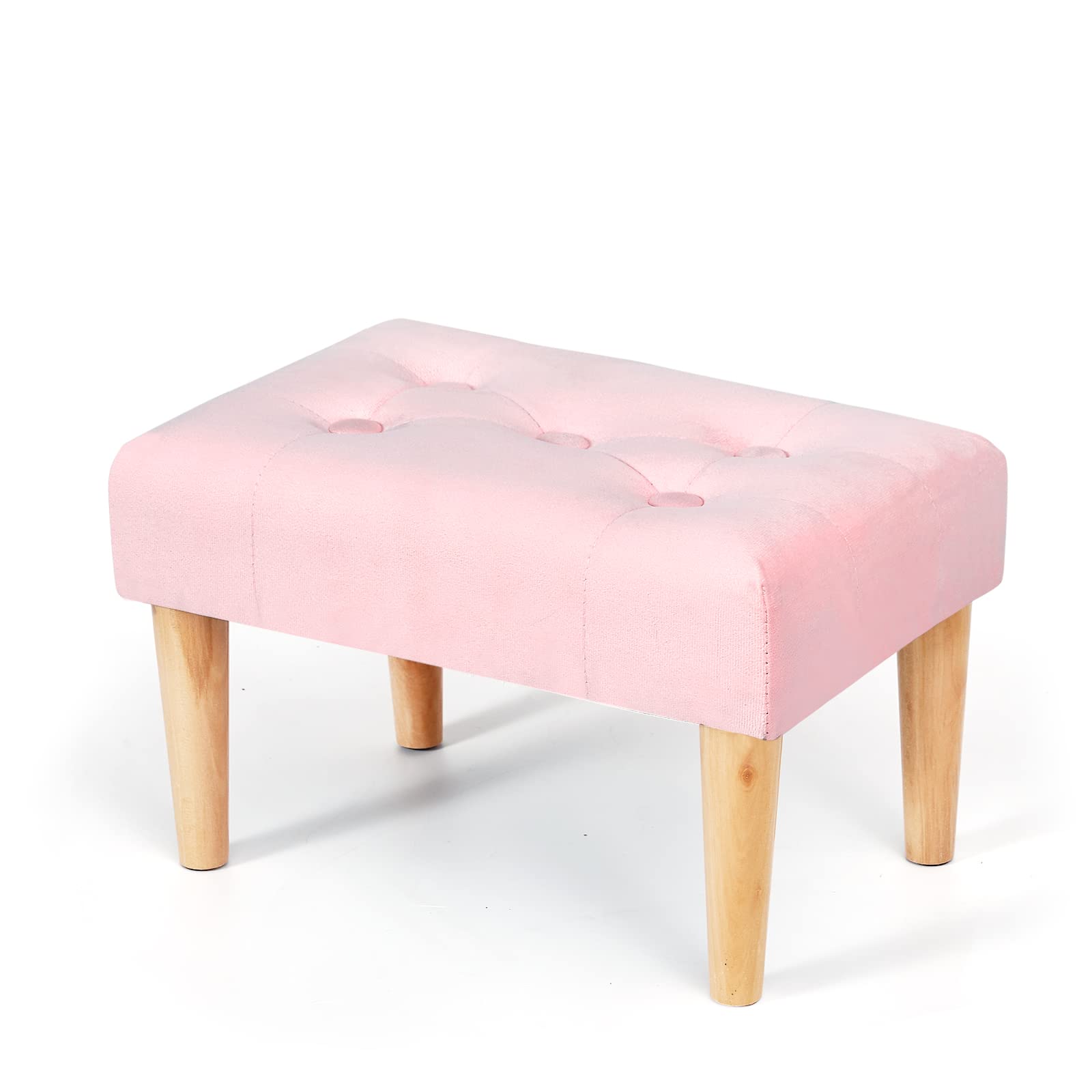 BRIAN & DANY Small Foot Stool, Velvet Footstool with Wood Legs, Footstools for Living Room, Ottoman Footrest Extra Seating for Entryway, Pink