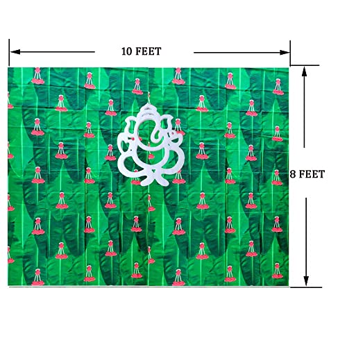 Image of ZEONELYMART Banana Leaf Backdrop Cloth with Small Red Flower Hangings for Pooja, Housewarming and Wedding etc Events Decoration 10 X 8 Feet ((Banana Leaf red Flower Cloth with Ganesh)