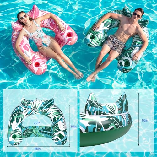 Korlon Inflatable Pool Floats Adults, 2 Pack Pool Float Chair for Adults, Inflatable Float Chair Adult with Cup Holders & Handles for Swimming Pools Adult Party, Beach, Lakes - Thumbnail 6