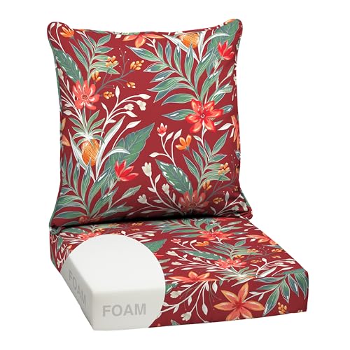 Image of Arden earthFIBER Outdoor Foam Deep Seat Cushion Set, 24x24, Premium High-Density Foam, Never Flattens, Weather-Proof for Patio Chair Sofa Couch, Luau Red Tropical Floral