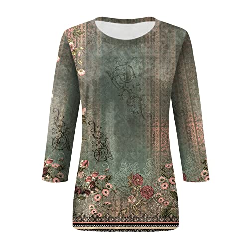 HTHLVMD Womens 3/4 Length Sleeve Tops 2025 Fall Fashion Floral Print Crewneck Causal Trendy Tunic Tops for Women
