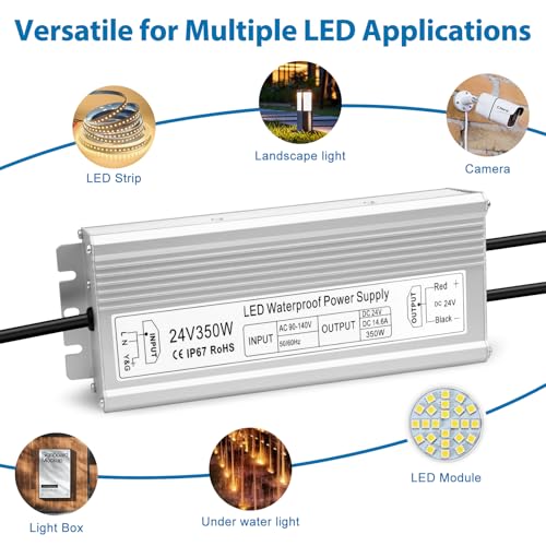 Image of 24V 350W LED Power Supply, IP67 Waterproof LED Driver, Low Voltage Transformer, AC 90-140V to DC 24V 14.6A Converter with 3-Prong Plug 3.3 Ft Cable for Outdoor LED Light, Landscape Light, Industrial