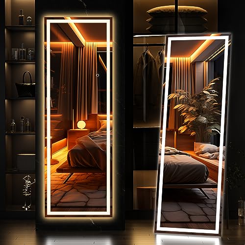 Hasipu Full Length Mirror with Lights 140x40cm LED Lighted Floor Standing Mirror 3 Color Lighting Full Body Dressing Hanging Mounted Mirrors Dimmable Tempered Glass Safe to Use