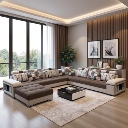 Image of Torque Silvester 12 Seater Sofa Set for Living Room (Brown) | Interchangeable U Shape Sectional Sofa | Solid Wood Frame & High-Density Supersoft Foam | Includes Puffy & Stool | Modern Home Furniture