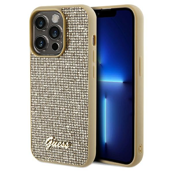 Guess GUHCP14LPMSDGSD Coque pour iPhone 14 Pro 6,1" Doré Coque Rigide Disco Metal Script
