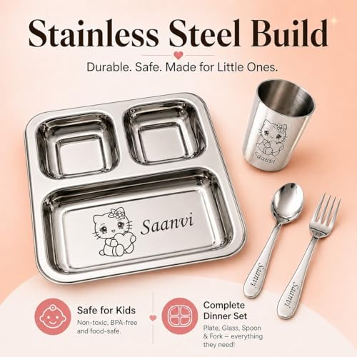 Image of SAVRI Personalized Stainless Steel Mealtime Printed Dish - Customized Name & Favorite Cartoon Motif Engraved - Kids Dinner Set for Boys & Baby Girls - Ideal Birthday & Return Gift - 4 Pcs (1 Set)