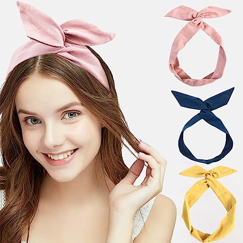 SJBAUTYO 3 pcs Fascia vintage con fiocco per capelli, fascia per capelli in filo, fasce per capelli da donna, fasce per capelli con filo flessibile, colorata (giallo, blu, rosa)