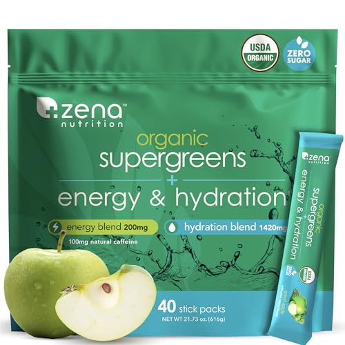 Zena Nutrition Organic Super Greens Energy & Hydration Powder, 70+ Superfoods, 0 Sugar, 5G Fiber, Spirulina, Chlorella, Prebiotics/Probiotics, Natural Caffeine + Electrolytes, 40 Drink Mix Packets