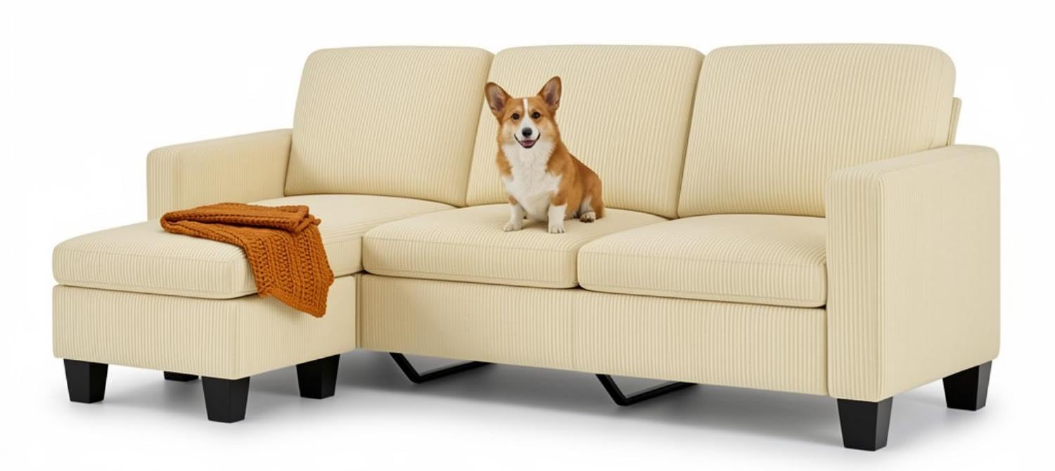 Xbro Divano angolare 3 posti a L con chaise longue fissa, imbottitura in spugna ad alta resilienza, tessuto in cotone e lino traspirante per soggiorno moderno, Giallo beige
