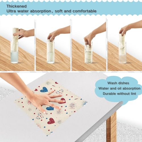 Image of Cotton Kitchen Dish Cloths, Blue Hearts with Fireworks Pattern Ultra Soft Absorbent Quick Drying Dish Towels, 11 x 11 Inches, 6-Pack, Reusable Cleaning Cloths