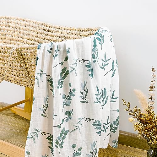 Image of BabyWhale Muslin Swaddle Blanket with Hat and Headband Bow, Boho Green Eucalyptus Leaves Swaddle Set for Newborns, Breathable Receiving Blanket Wrap, Large 47x47 inches